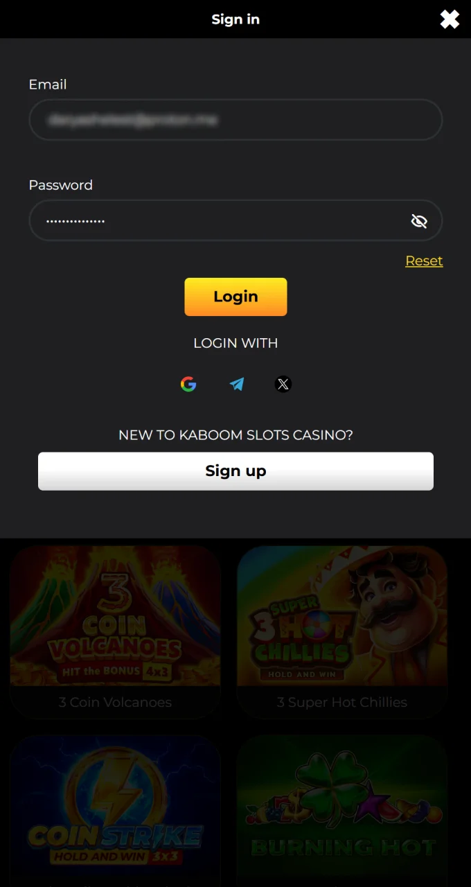Sign in to your Kaboom Slots account to manage your payments and play games.