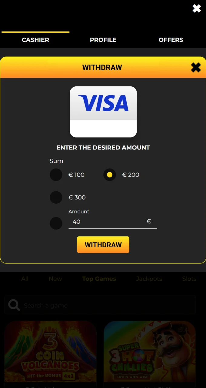Select the amount you would like to withdraw from your Kaboom Slots account.