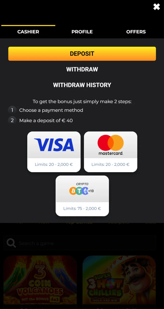 Go to the cashier section on the Kaboom Slots website to begin the withdrawal process.