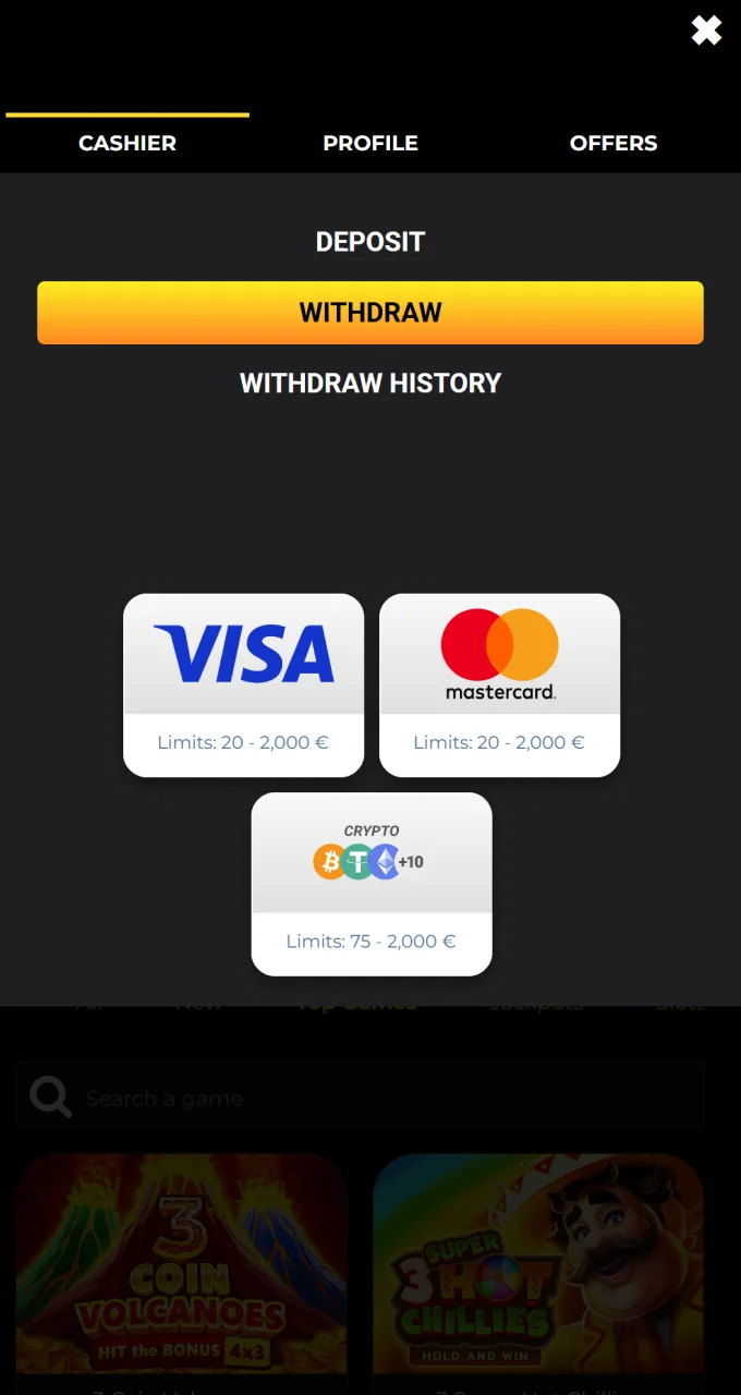 Select your preferred withdrawal method to withdraw money from Kaboom Slots.