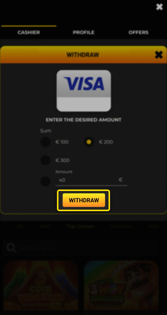 Click on the withdraw button to complete your Kaboom Slots payout request.