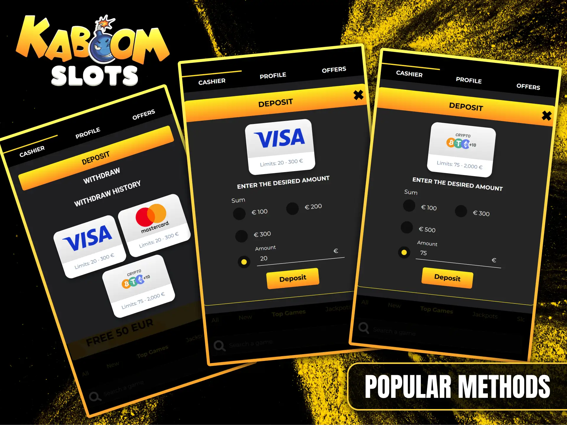 To fund your Kaboom Slots account, choose one of the popular payment methods such as Visa or Mastercard.