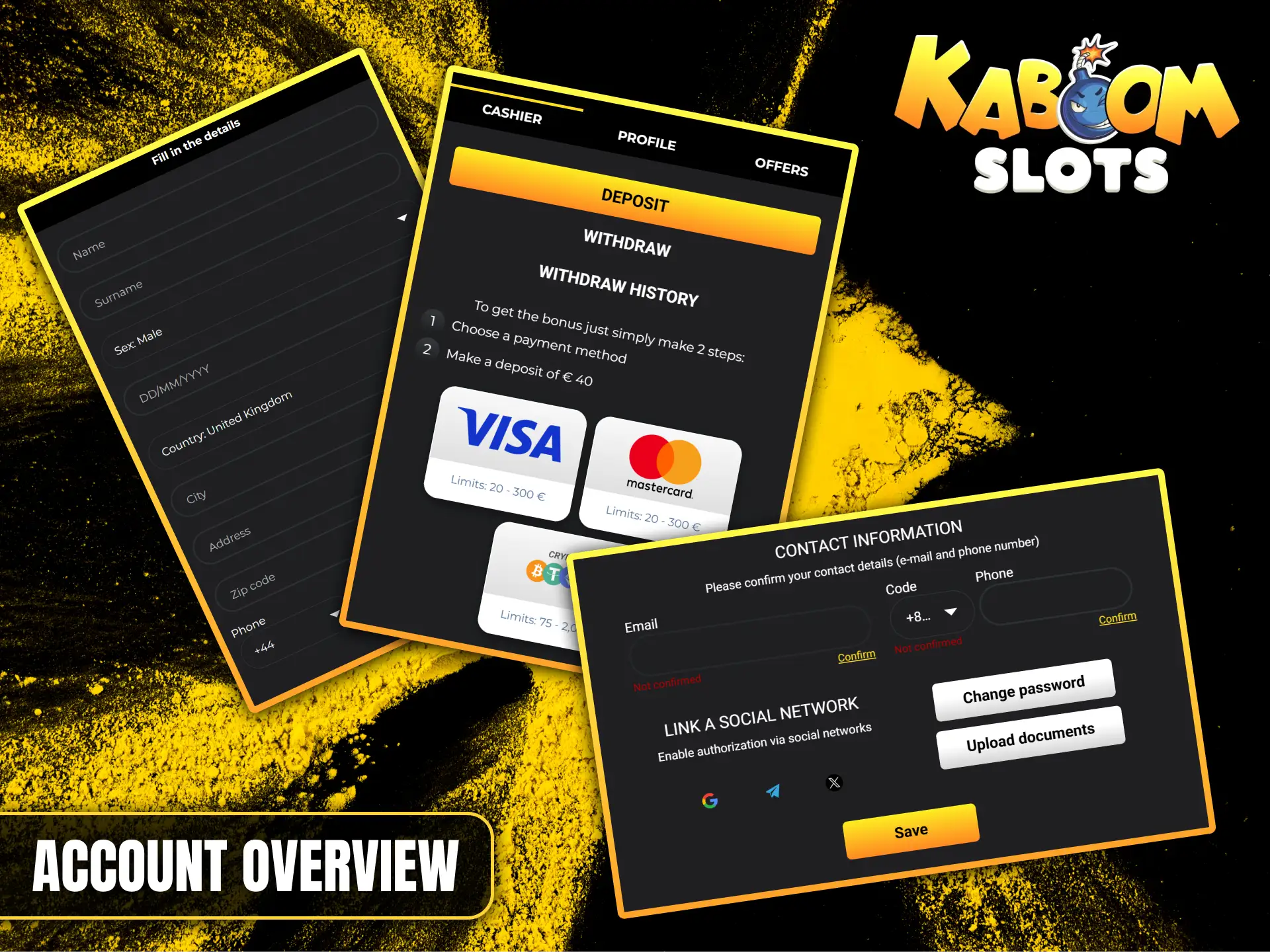 Manage your deposits and contact information through the comprehensive Kaboom Slots account dashboard.
