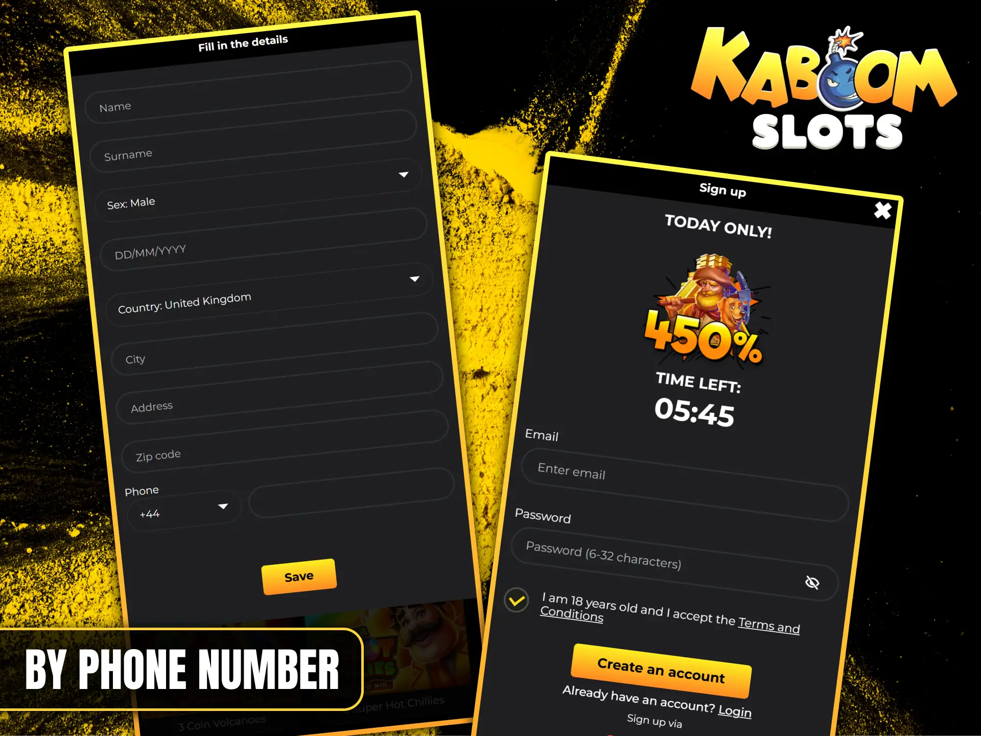 Register at Kaboom Slots using your phone number and receive a welcome bonus today.