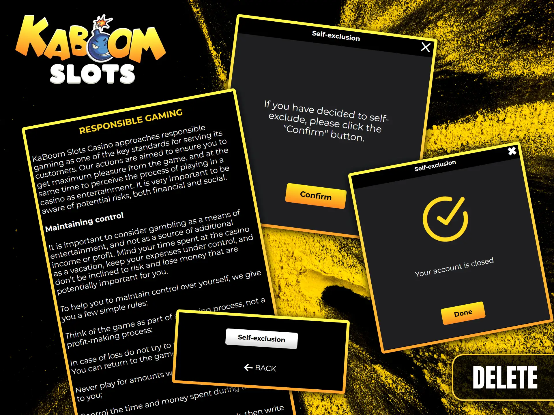 Learn about responsible gaming and how to safely close your account at Kaboom Slots.
