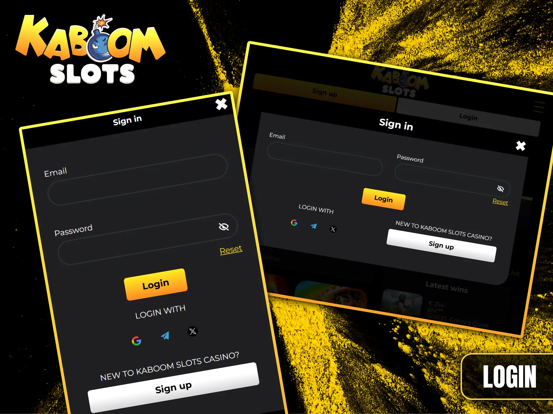 Log in to your Kaboom Slots profile by entering your registered email address and password to start playing.
