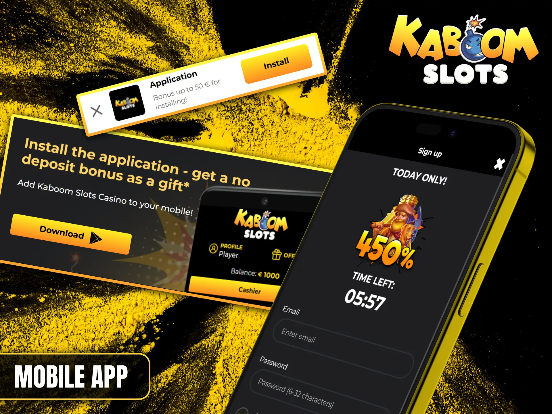 Install the Kaboom Slots mobile app to receive a special no-deposit bonus.