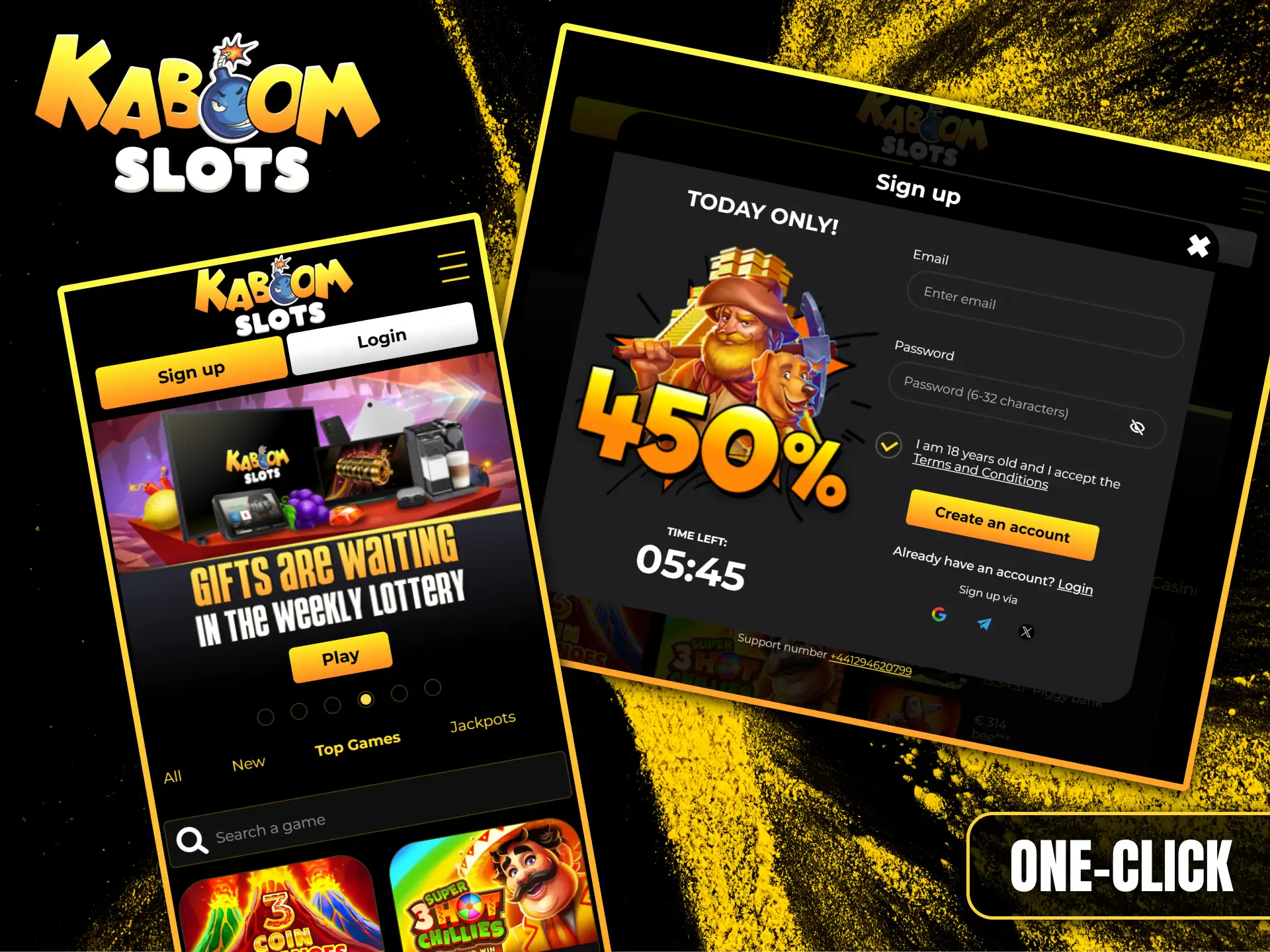 Create an account at Kaboom Slots with a single click and start participating in the weekly lottery.