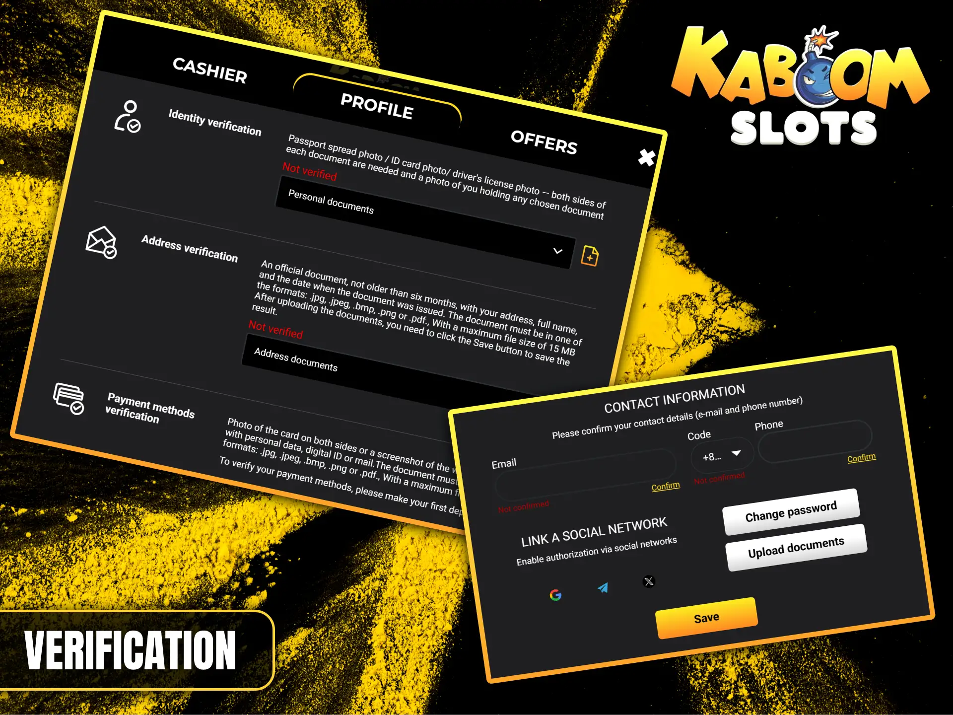 Complete identity and address verification to secure your personal account at Kaboom Slots.
