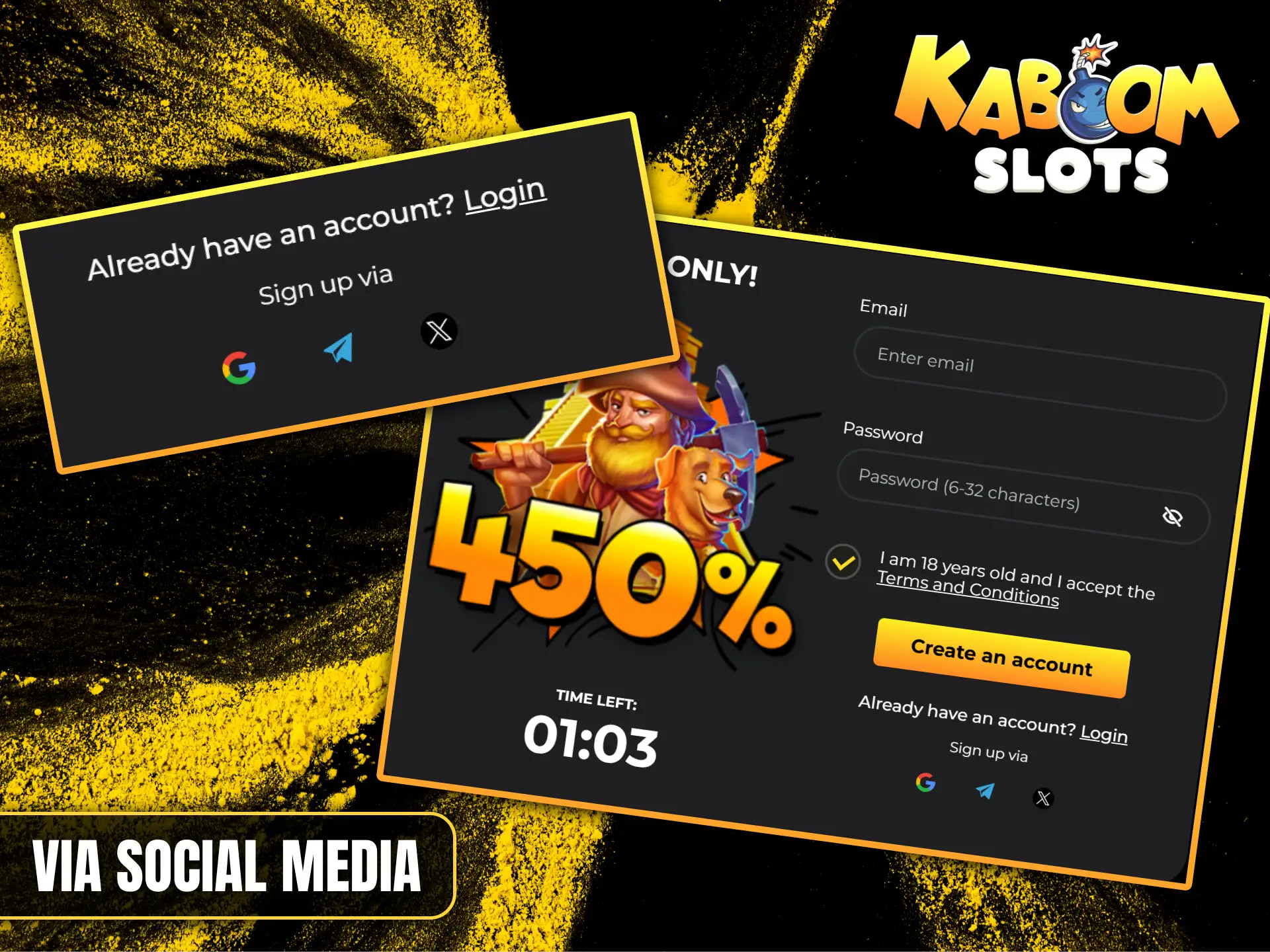 Quickly register at Kaboom Slots via Google, Telegram, or X to get instant access.